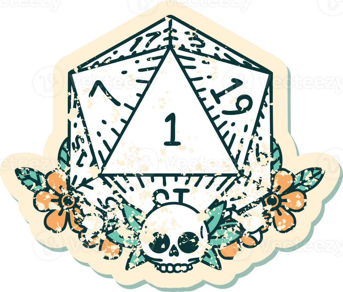natural one dice roll with floral elements grunge sticker png
