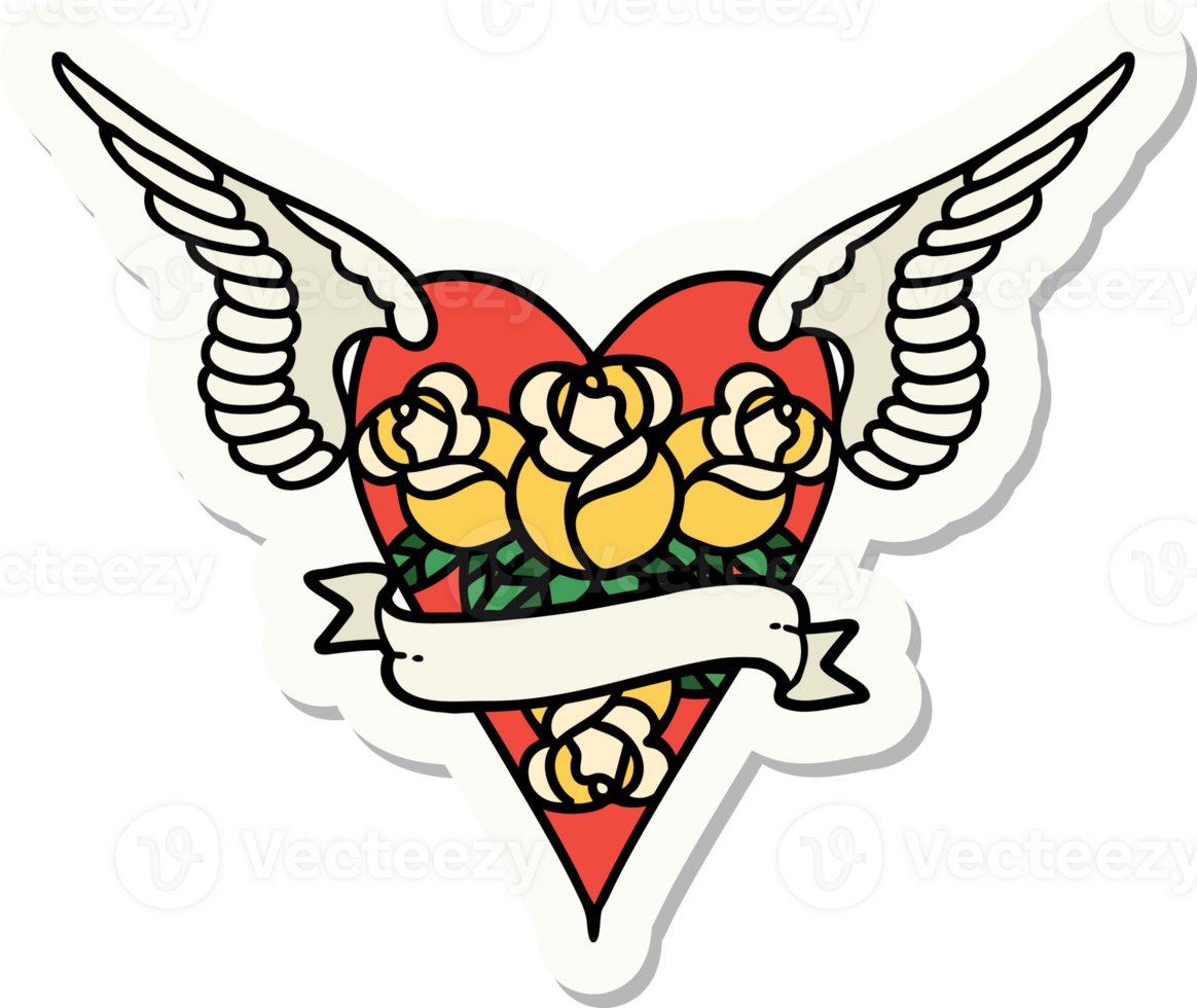 tattoo style sticker of a flying heart with flowers and banner png