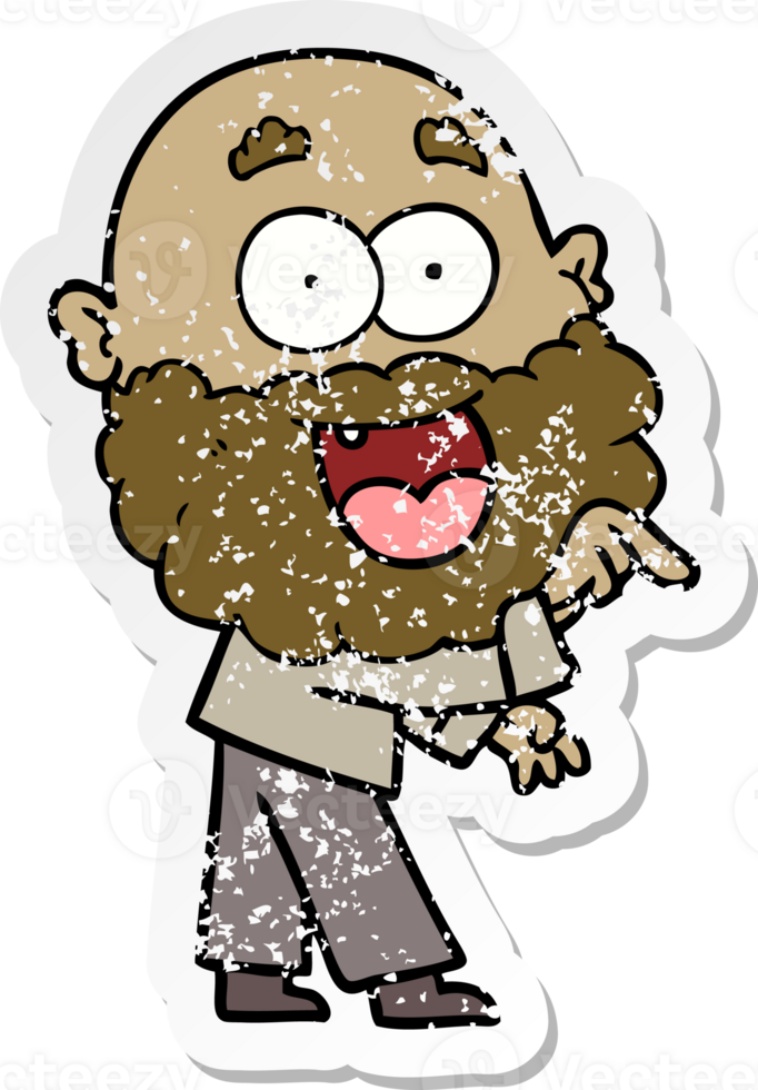 distressed sticker of a cartoon crazy happy man with beard png