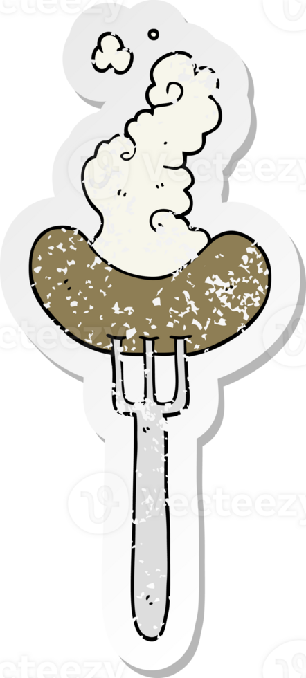 distressed sticker of a cartoon sausage on fork png