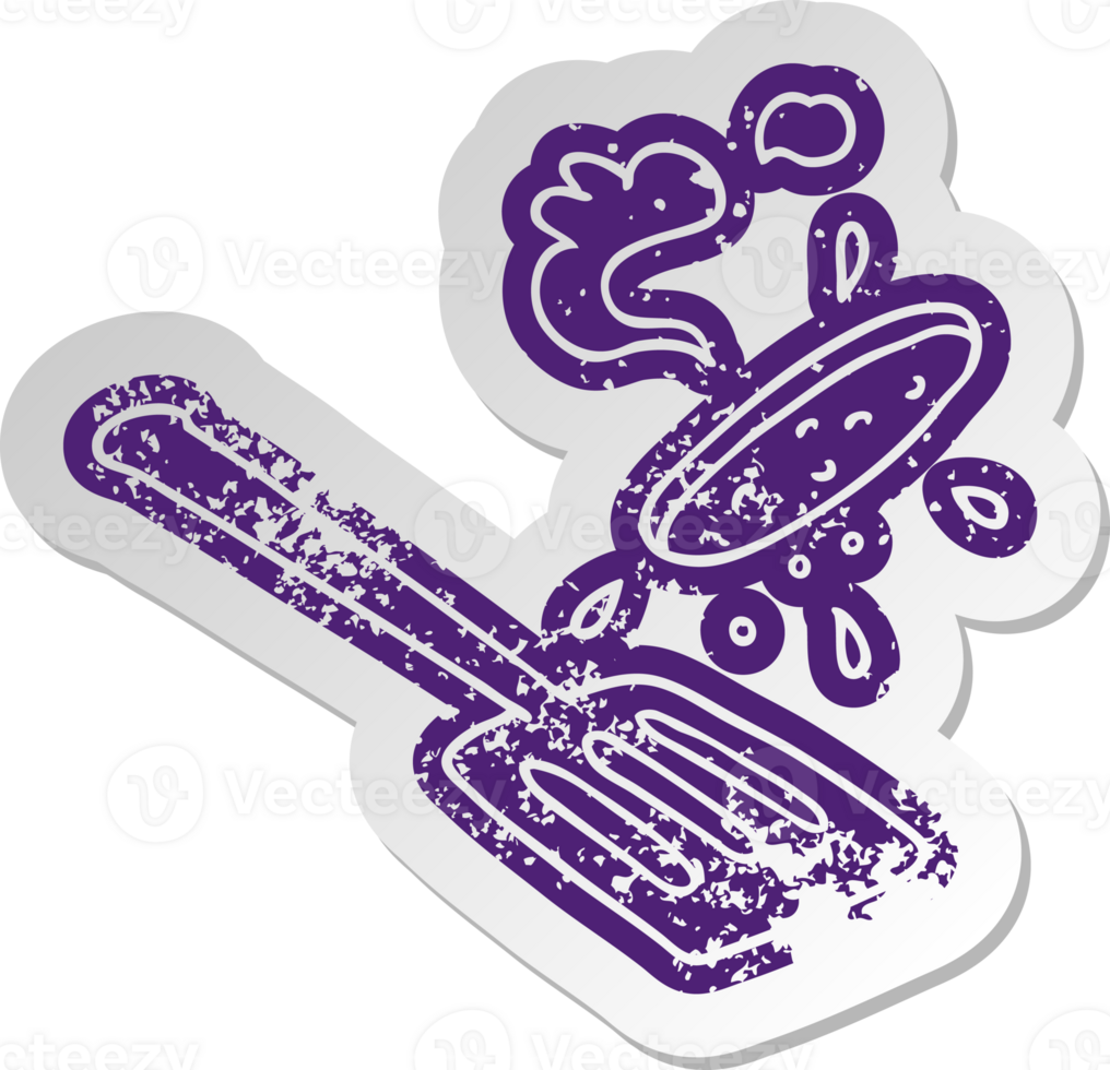 distressed old sticker of a burger being flipped png