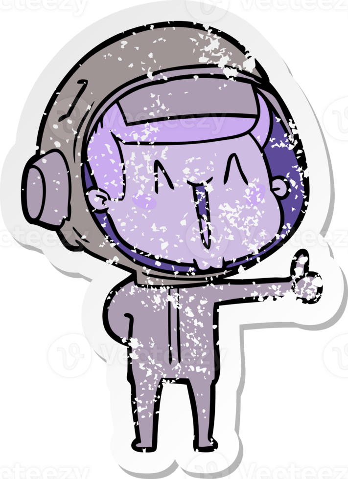distressed sticker of a happy cartoon astronaut png