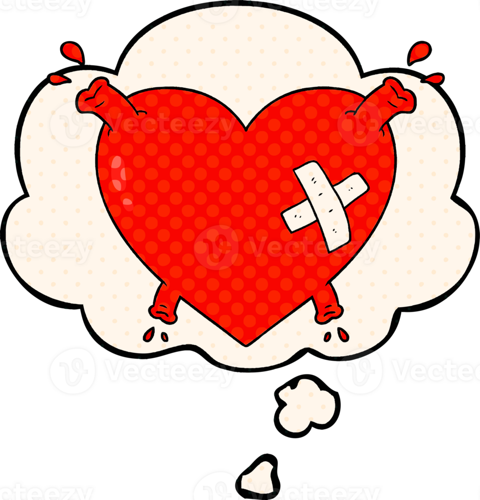 cartoon heart squirting blood and thought bubble in comic book style png