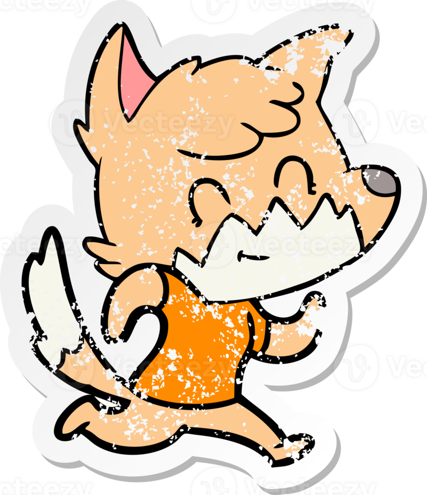 distressed sticker of a cartoon happy fox png
