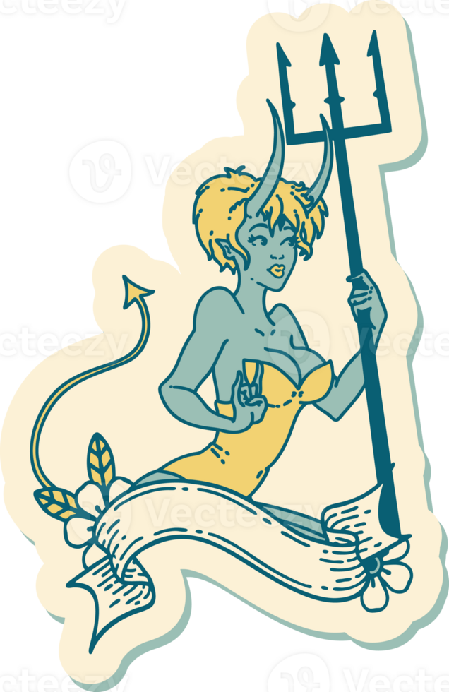 tattoo style sticker of a pinup devil girl with banner png
