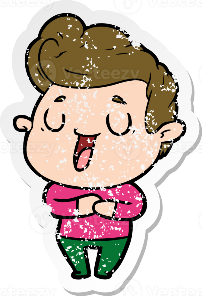 distressed sticker of a happy cartoon man png