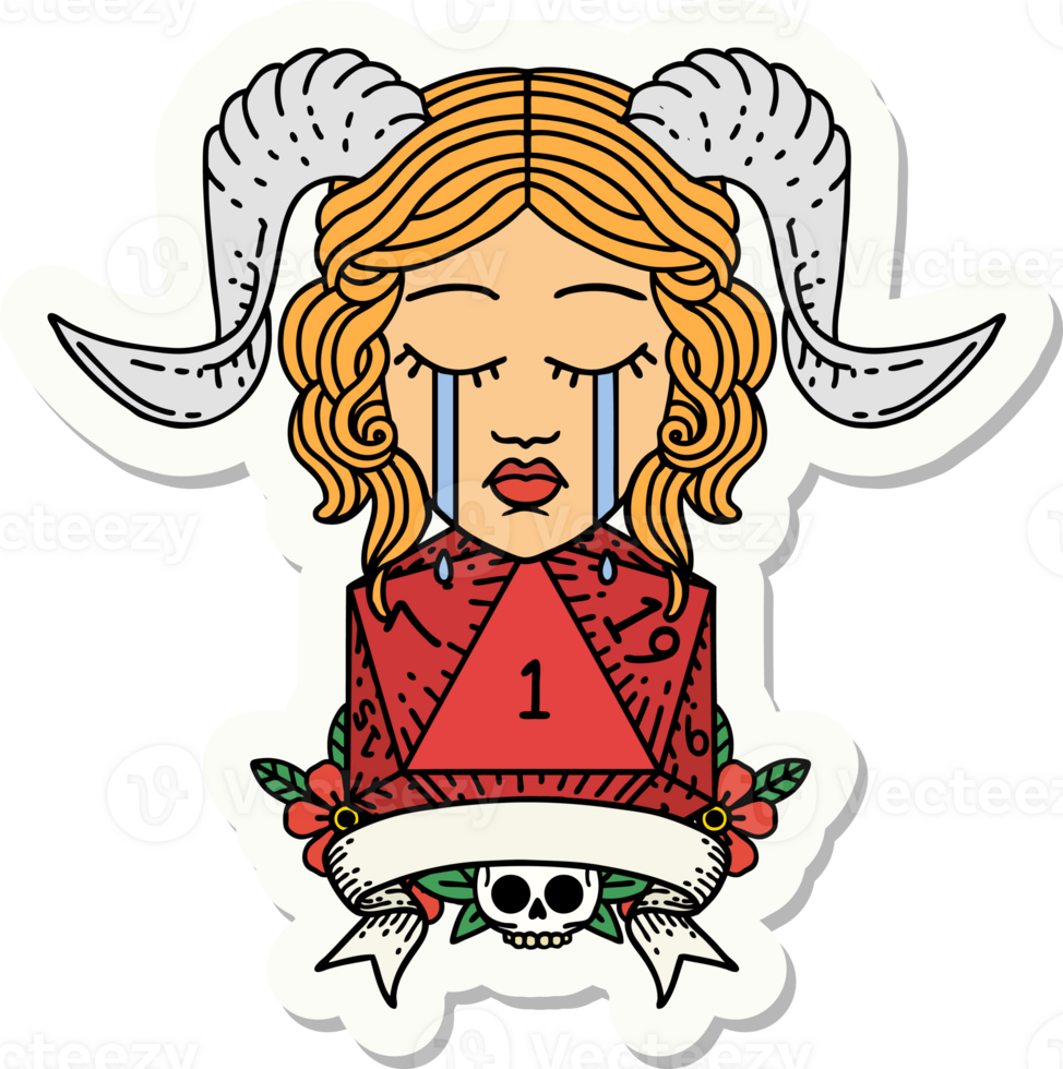 crying tiefling with natural one D20 dice roll sticker png