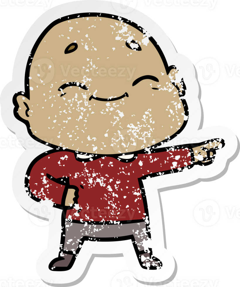 distressed sticker of a happy cartoon bald man png