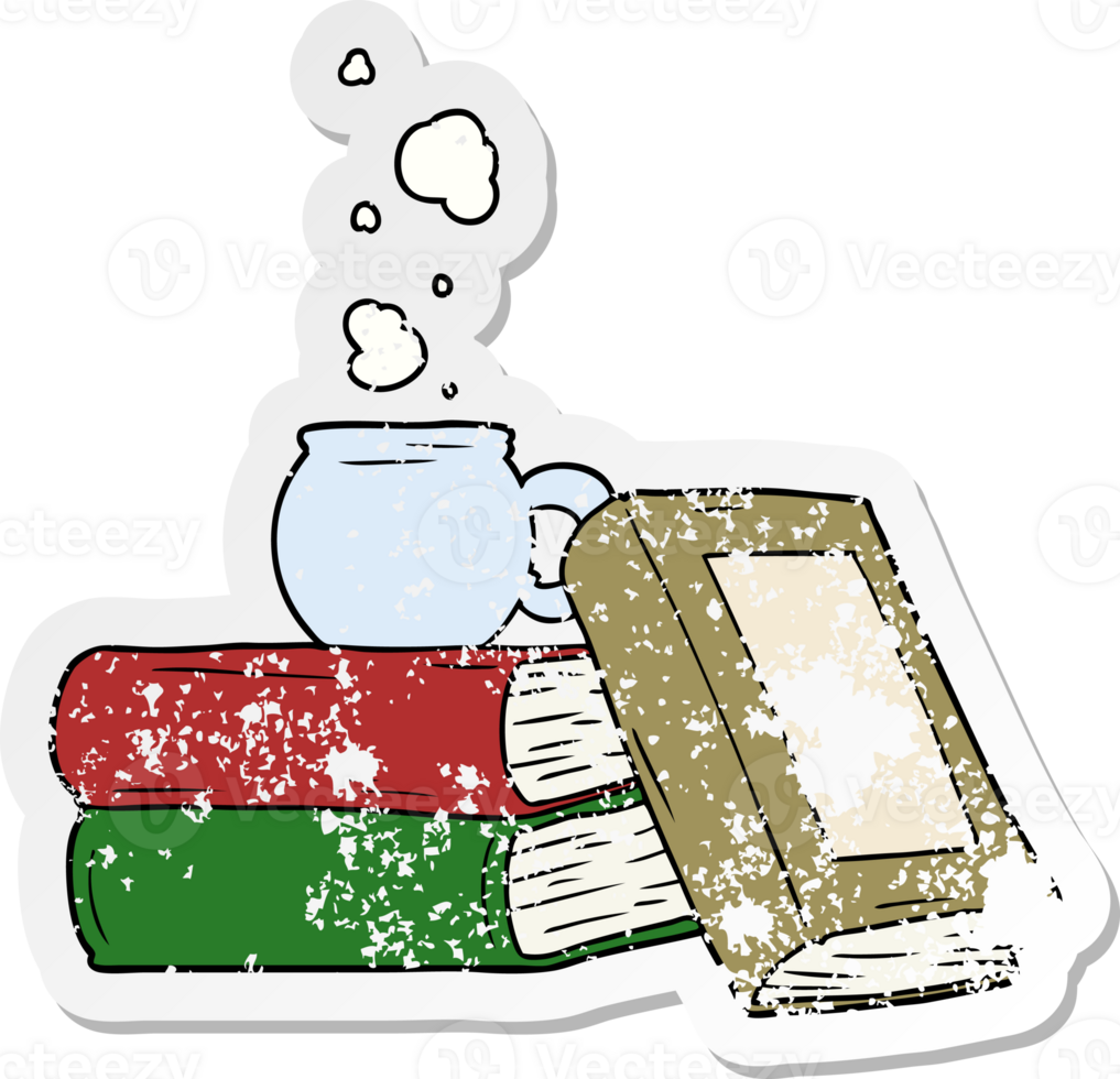distressed sticker of a cartoon coffee cup and study books png