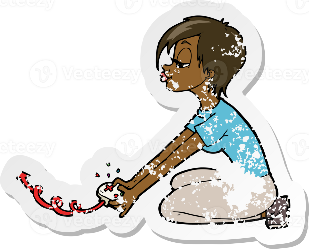 retro distressed sticker of a cartoon girl playing computer games png