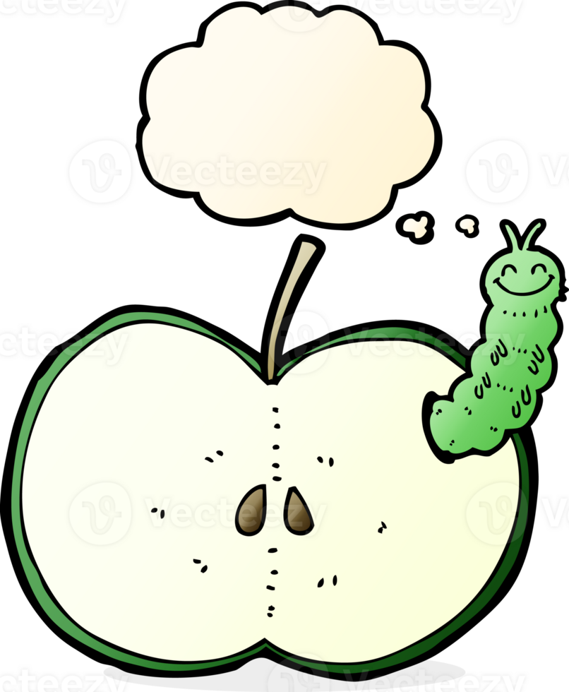 cartoon bug eating apple with thought bubble png