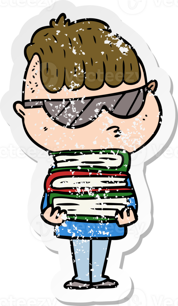 distressed sticker of a cartoon boy wearing sunglasses with stack of books png