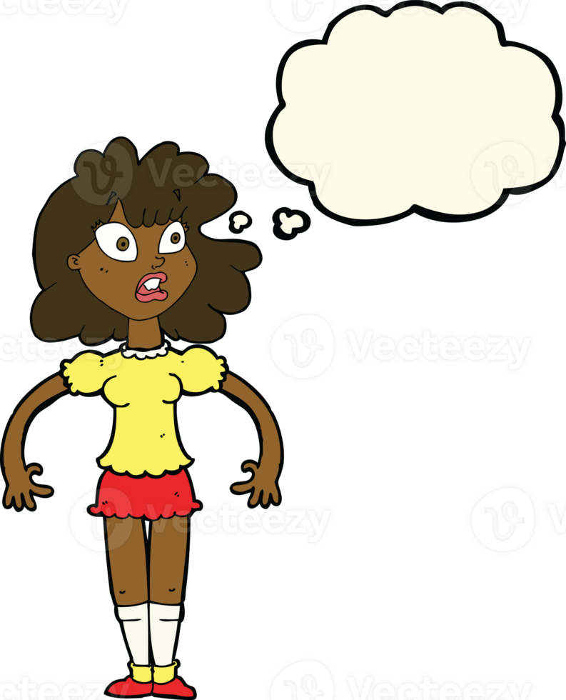 cartoon pretty girl with shocked expression with thought bubble png