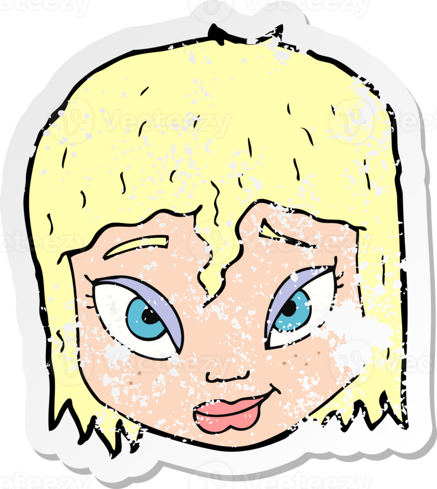 retro distressed sticker of a cartoon female face png