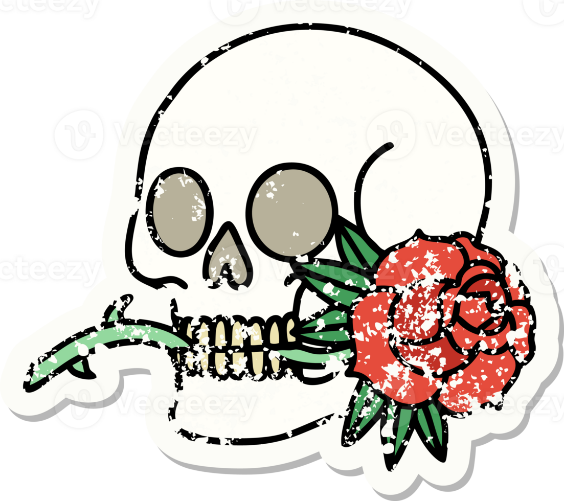 traditional distressed sticker tattoo of a skull and rose png