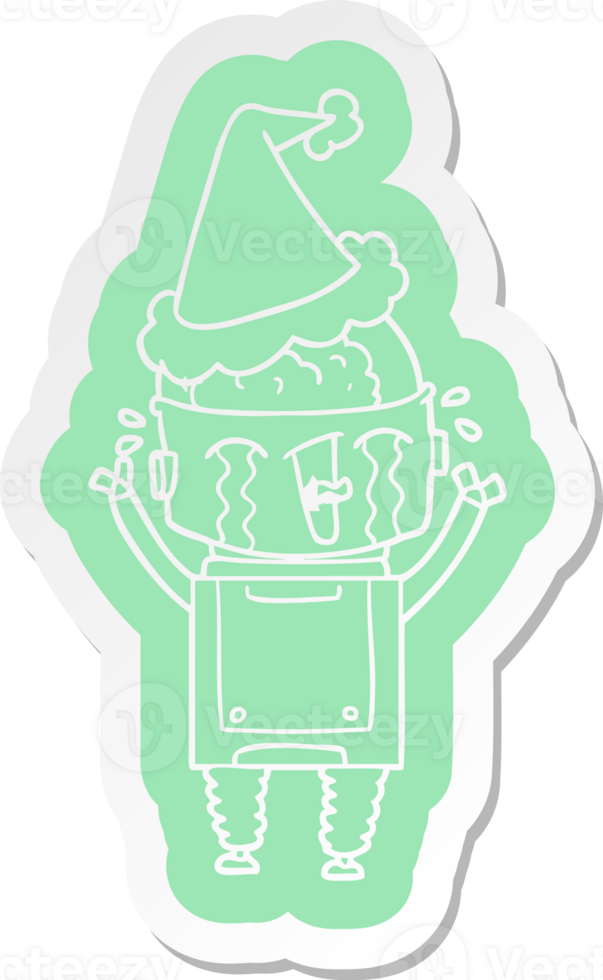 cartoon  sticker of a crying robot wearing santa hat png