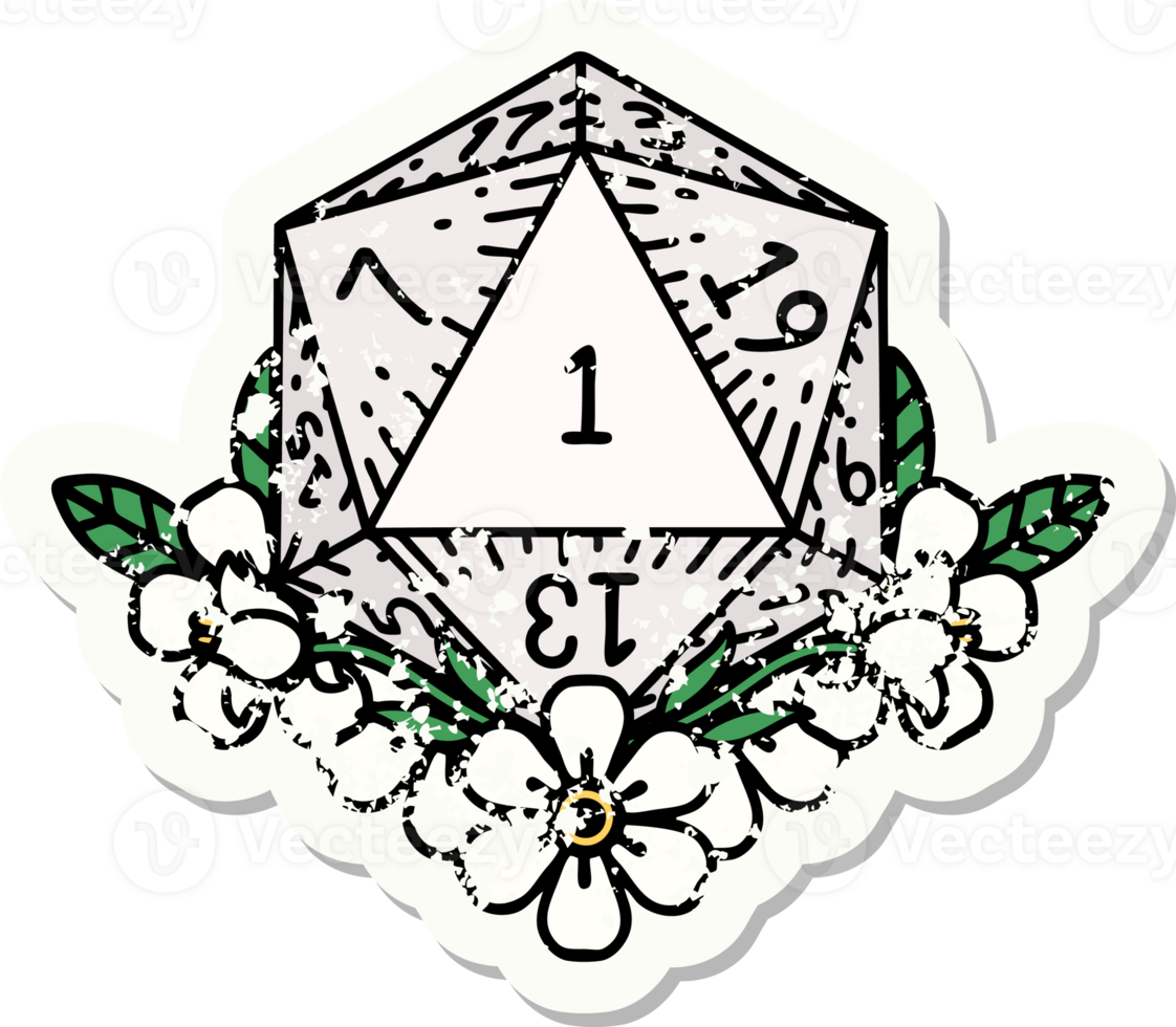 natural one dice roll with floral elements grunge sticker png