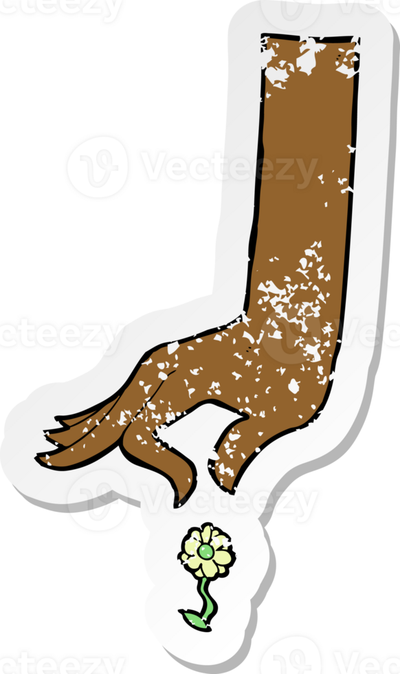 retro distressed sticker of a cartoon hand picking flower png