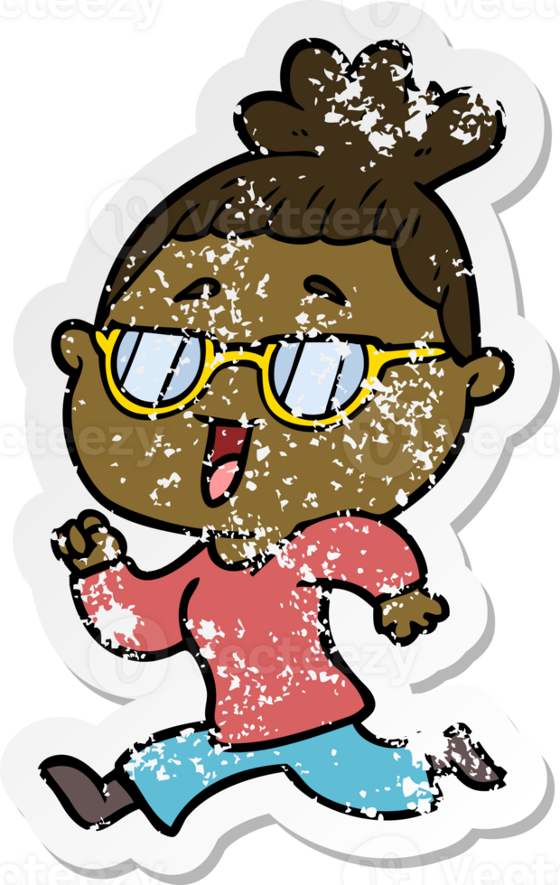 distressed sticker of a cartoon happy woman wearing spectacles png