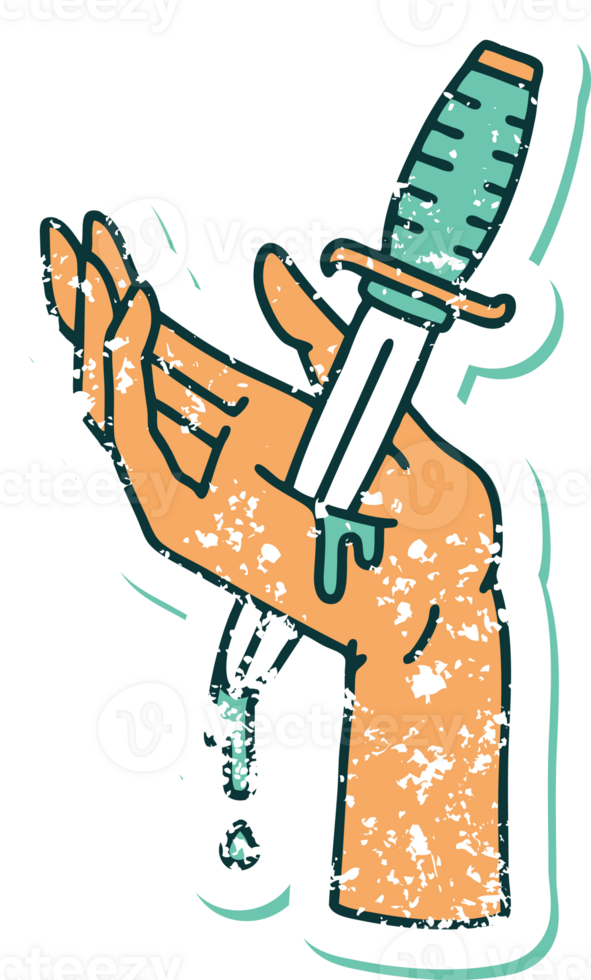 distressed sticker tattoo style icon of a dagger in the hand png