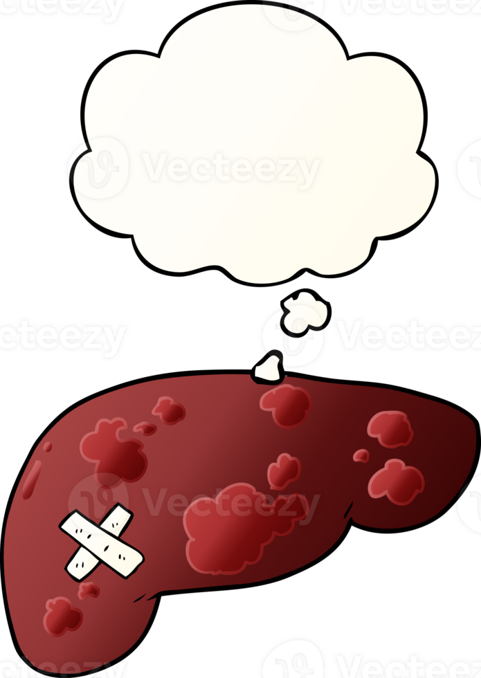 cartoon unhealthy liver and thought bubble in smooth gradient style png