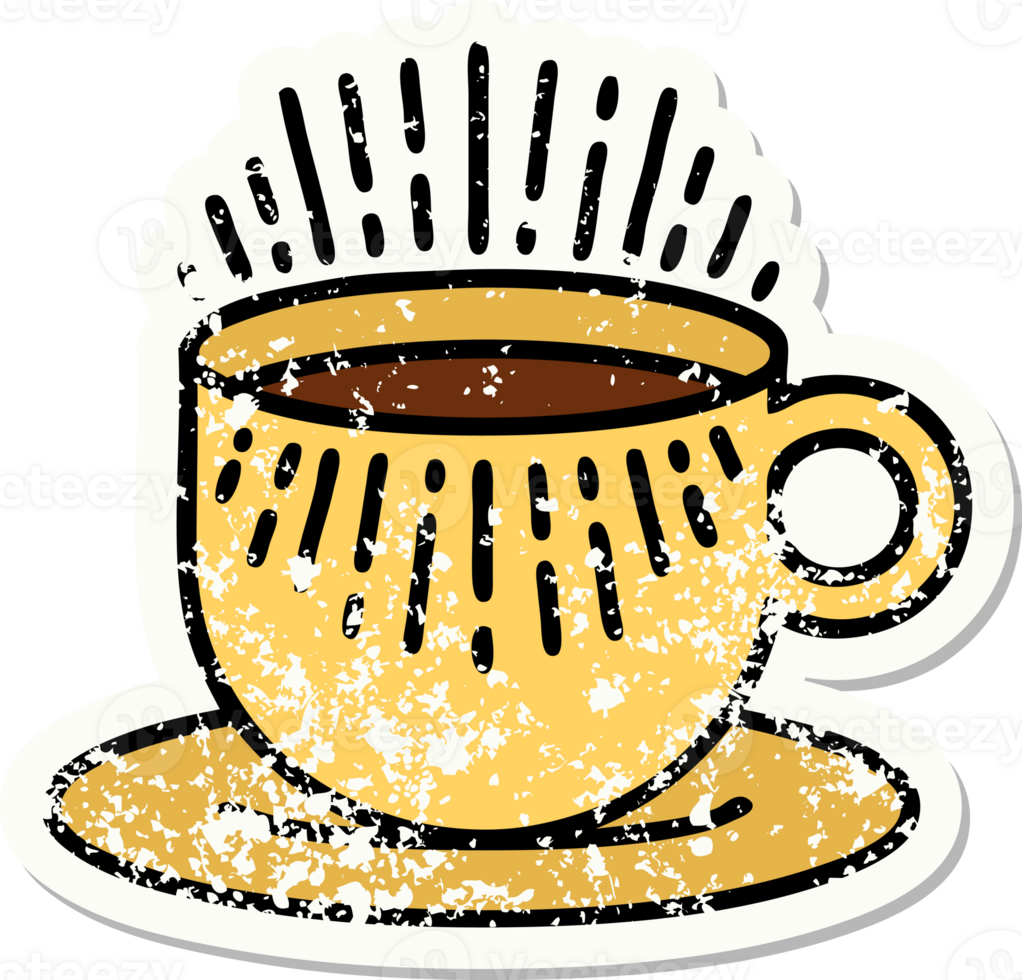 traditional distressed sticker tattoo of cup of coffee png