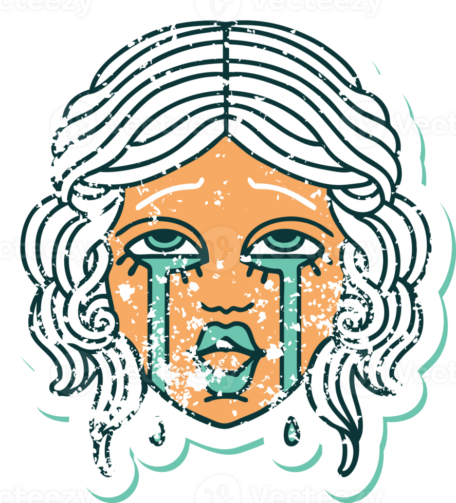 distressed sticker tattoo style icon of a very happy crying female face png