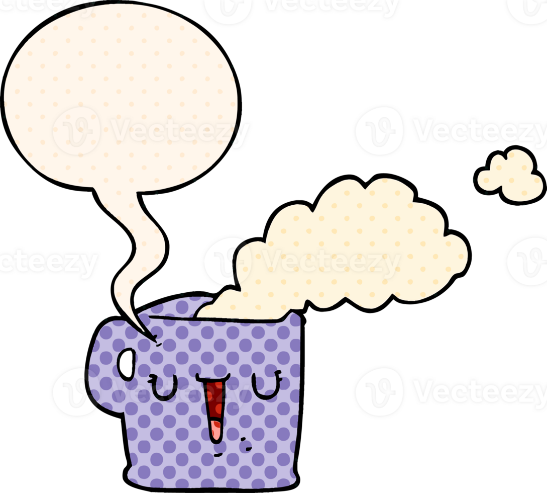 cartoon hot cup of coffee with speech bubble in comic book style png