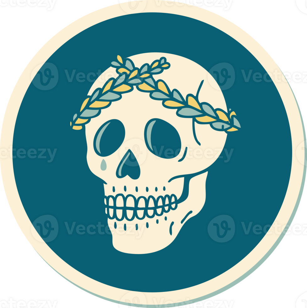 sticker of tattoo in traditional style of a skull with laurel wreath crown png