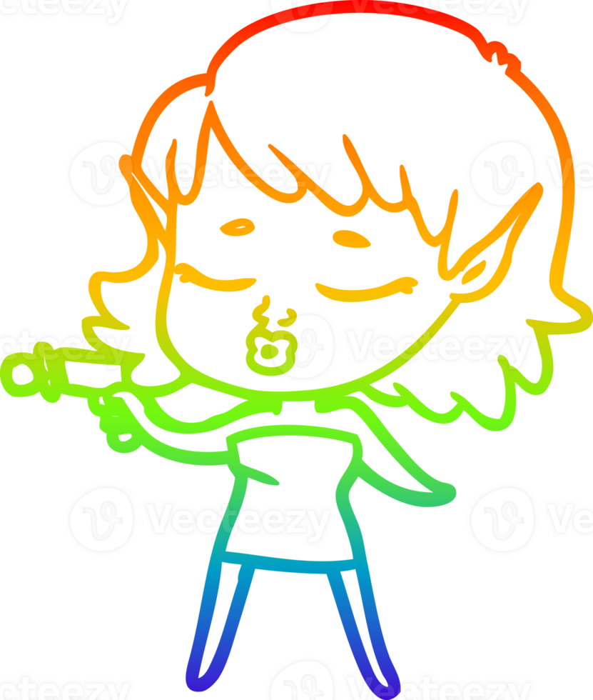 rainbow gradient line drawing of a pretty cartoon alien girl with ray gun png