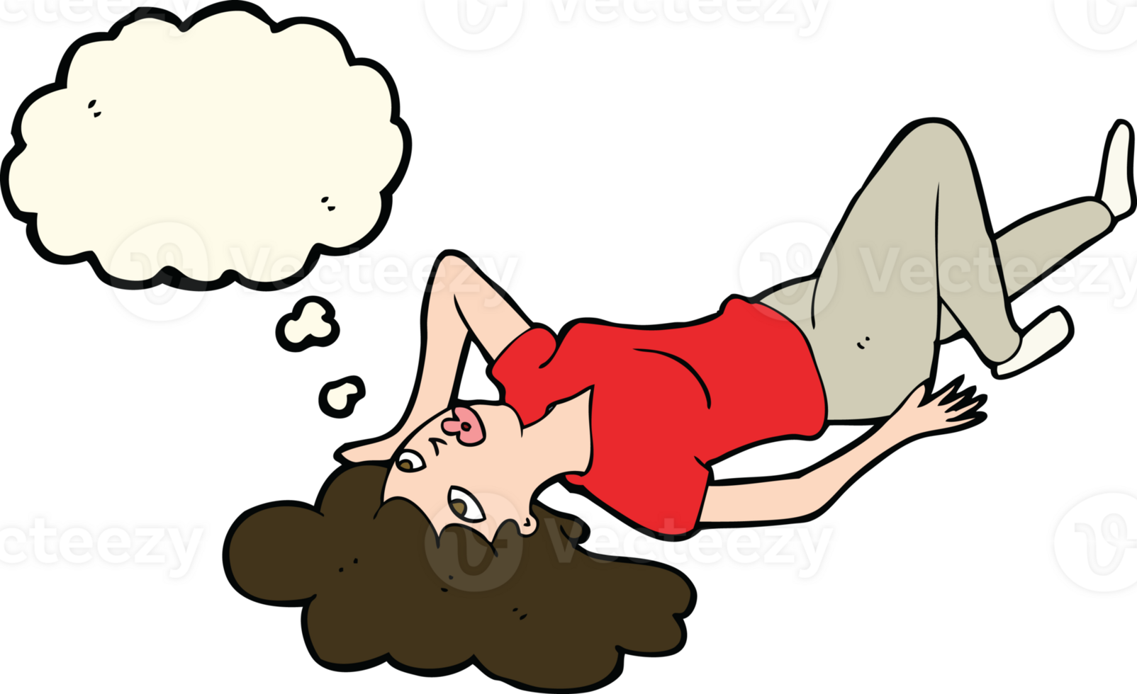 cartoon woman lying on floor with thought bubble png