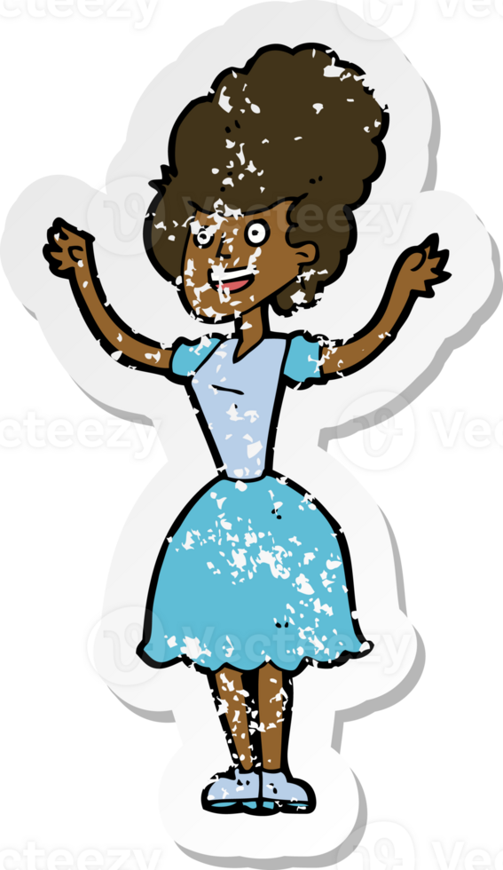 retro distressed sticker of a cartoon happy 1950s woman png