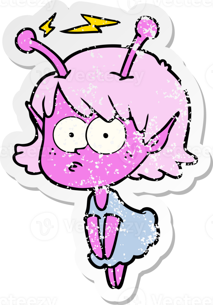 distressed sticker of a cartoon alien girl png