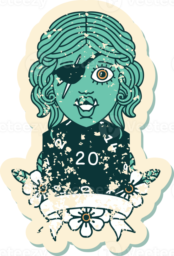 Retro Tattoo Style half orc rogue character with natural twenty dice roll png