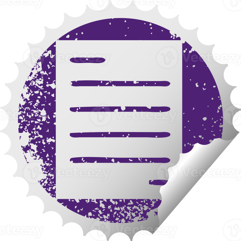 distressed circular peeling sticker symbol of a sheet of paper png