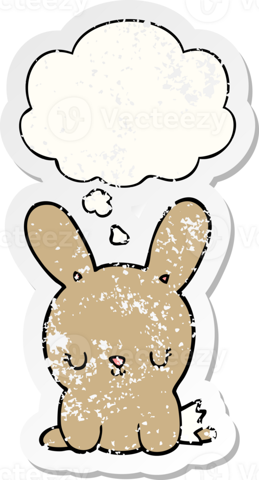 cute cartoon rabbit with thought bubble as a distressed worn sticker png