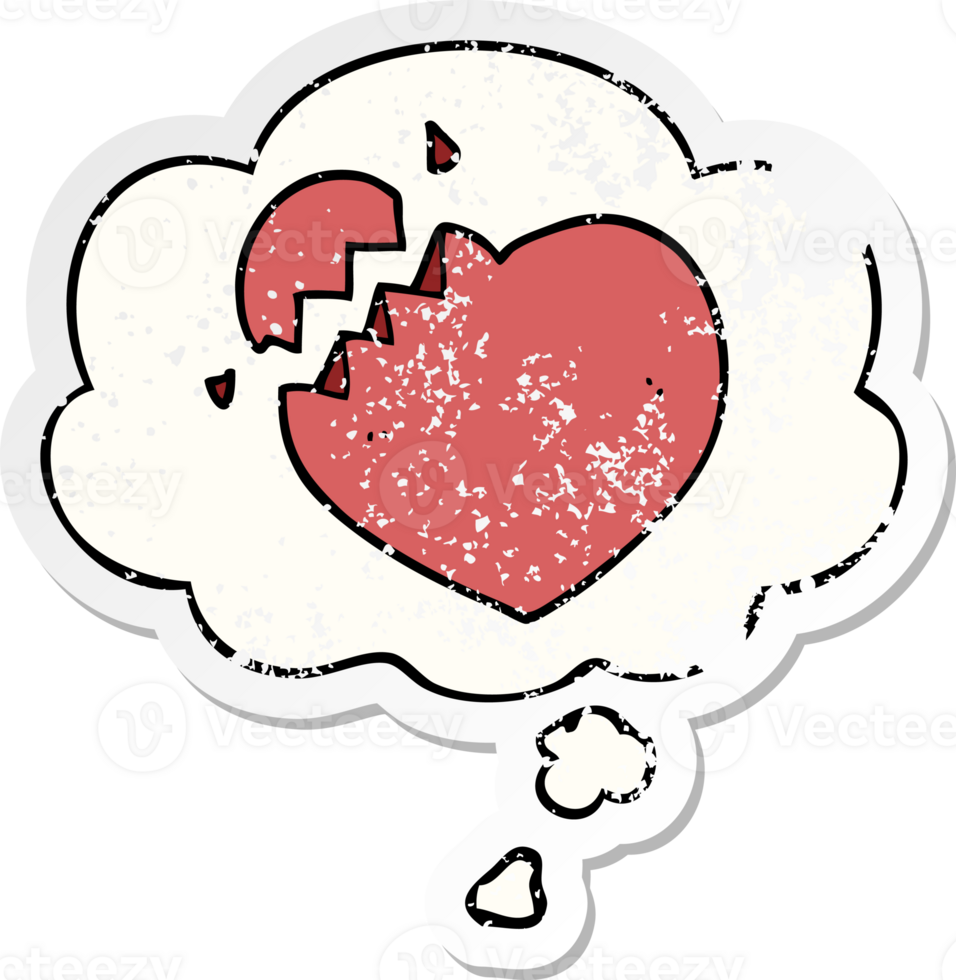 cartoon broken heart with thought bubble as a distressed worn sticker png