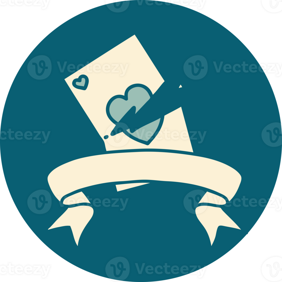 tattoo style icon with banner of a torn card png