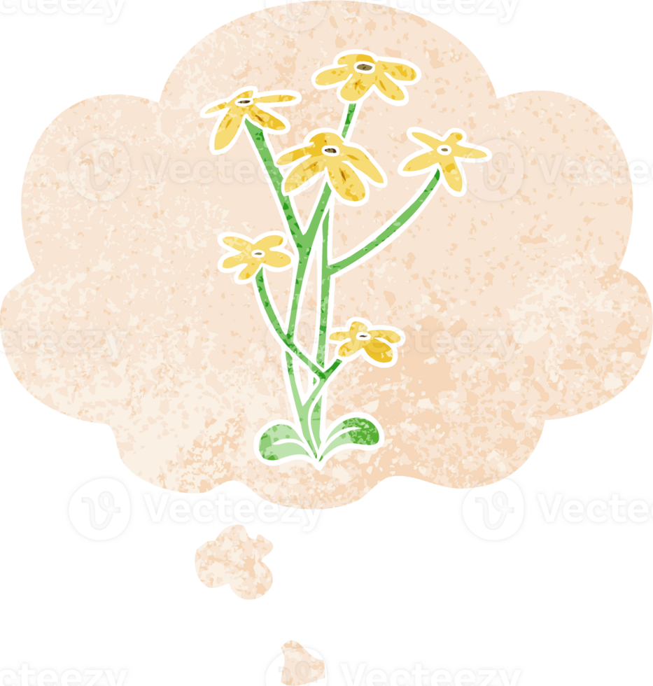 cartoon flower with thought bubble in grunge distressed retro textured style png