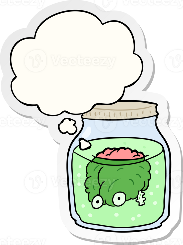cartoon spooky brain in jar with thought bubble as a printed sticker png