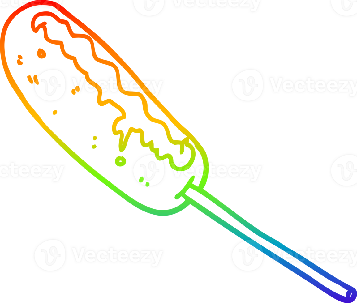 rainbow gradient line drawing of a cartoon hotdog on a stick png