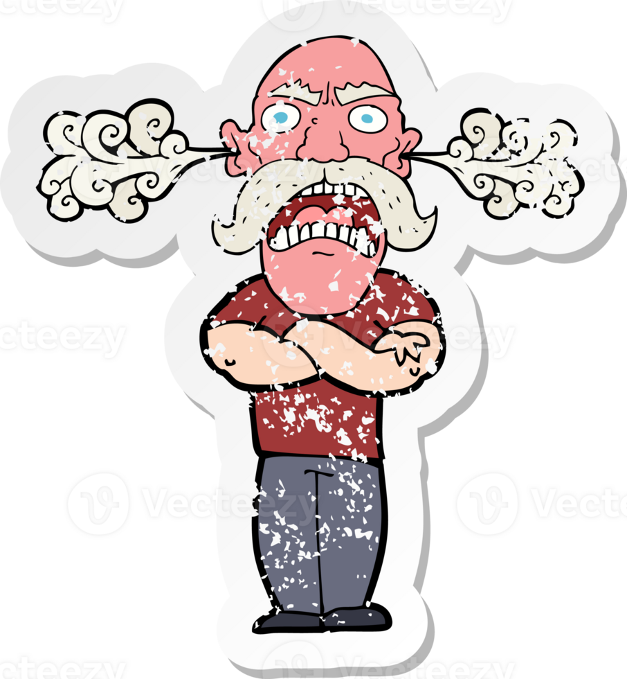 retro distressed sticker of a cartoon furious man with red face png