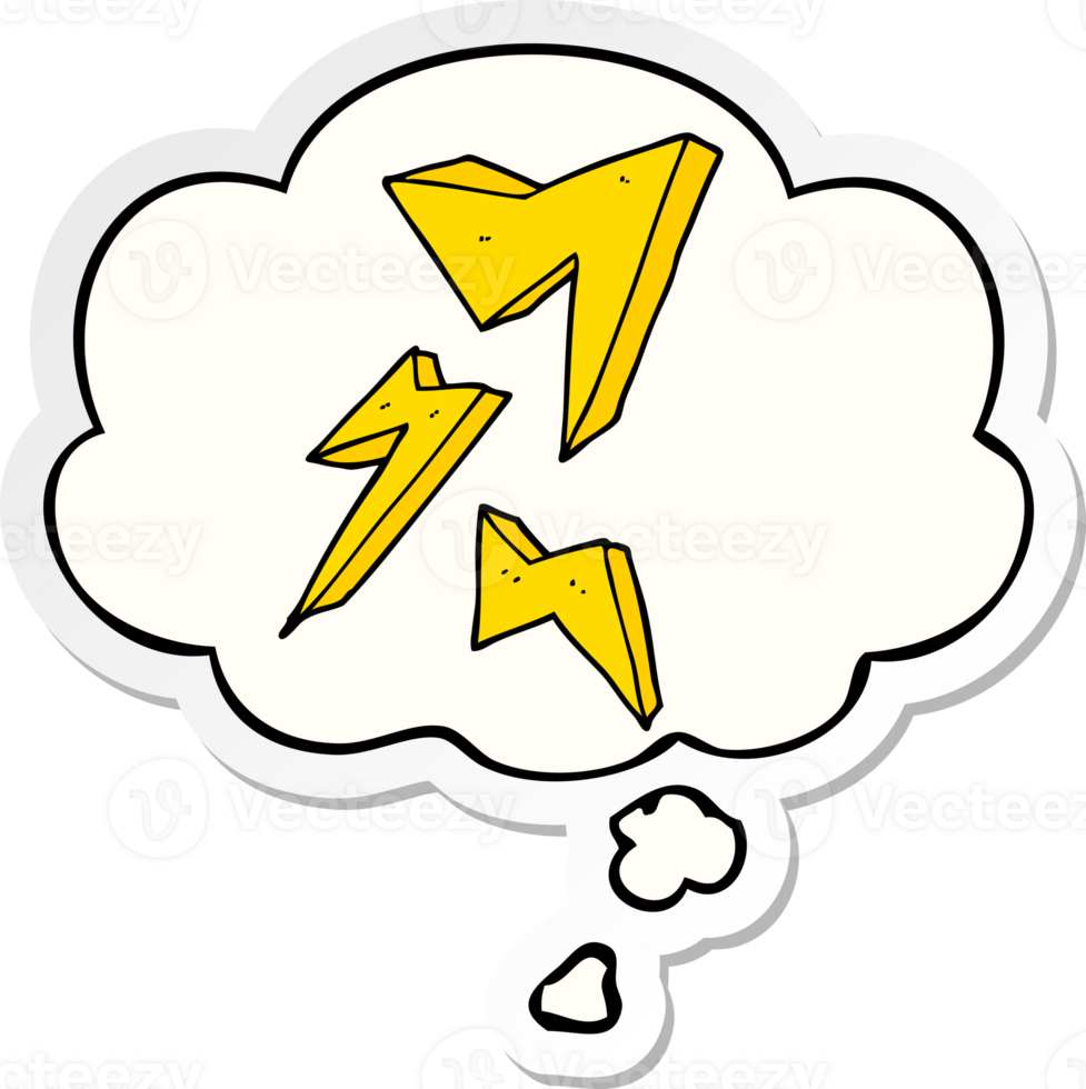 cartoon lightning bolt with thought bubble as a printed sticker png