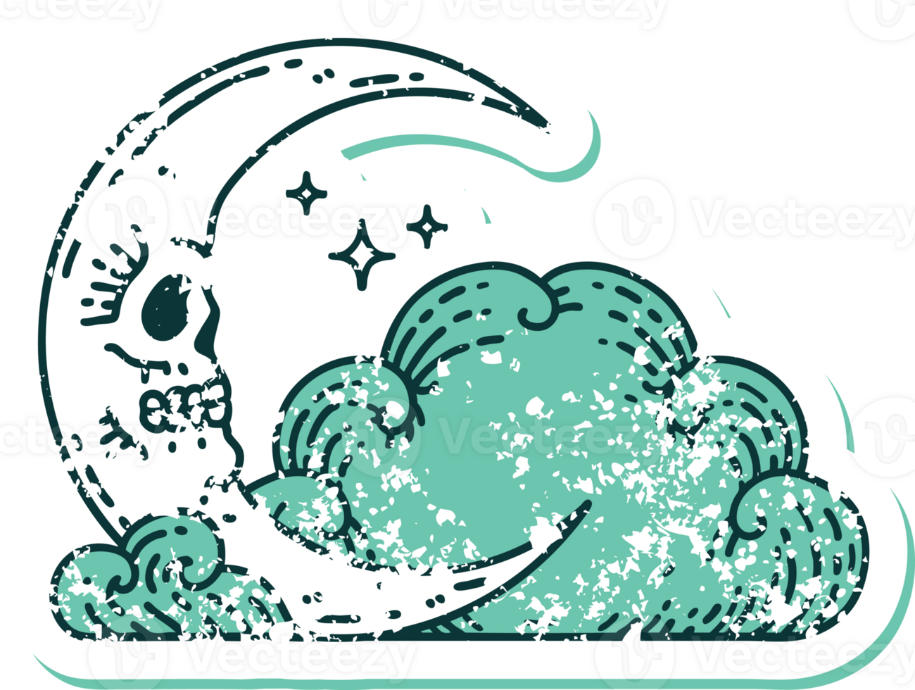 iconic distressed sticker tattoo style image of a skull crescent moon and clouds png