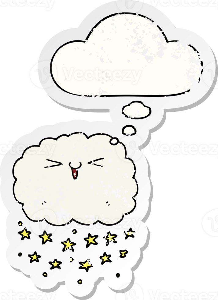 happy cartoon cloud with thought bubble as a distressed worn sticker png