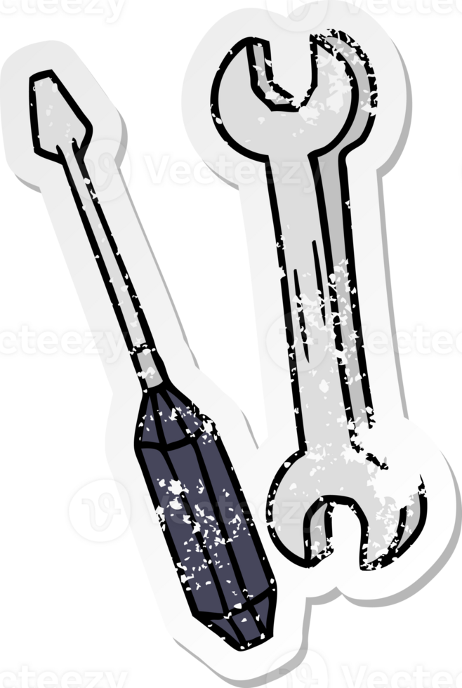 hand drawn distressed sticker cartoon doodle of a spanner and a screwdriver png