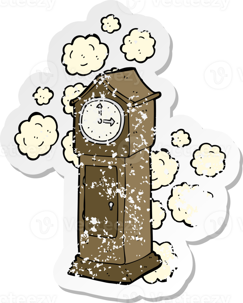 retro distressed sticker of a cartoon dusty old grandfather clock png