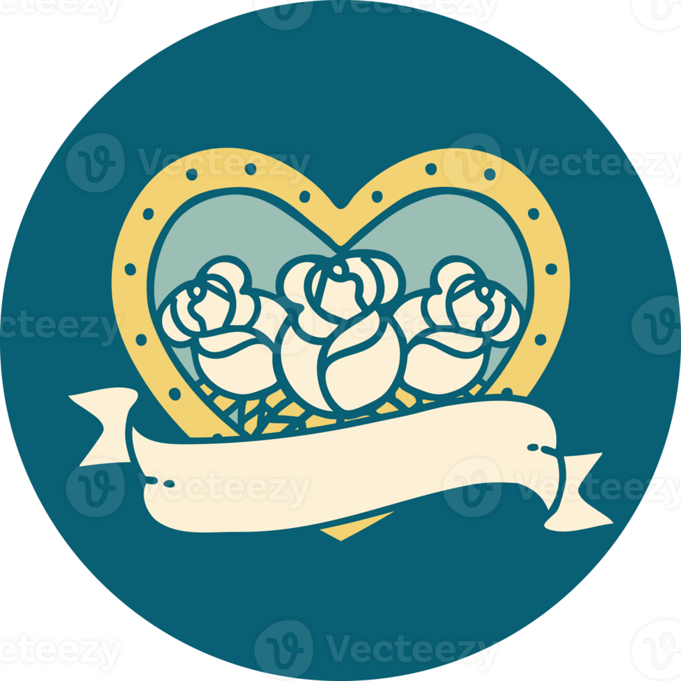iconic tattoo style image of a heart and banner with flowers png