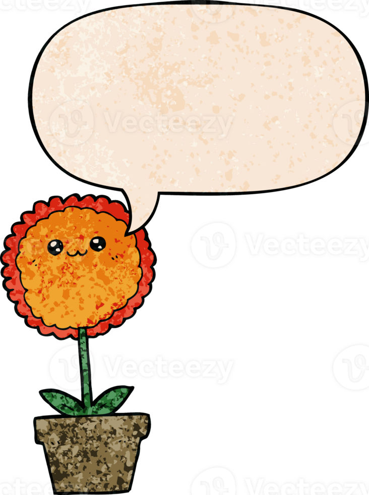 cartoon flower with speech bubble in retro texture style png
