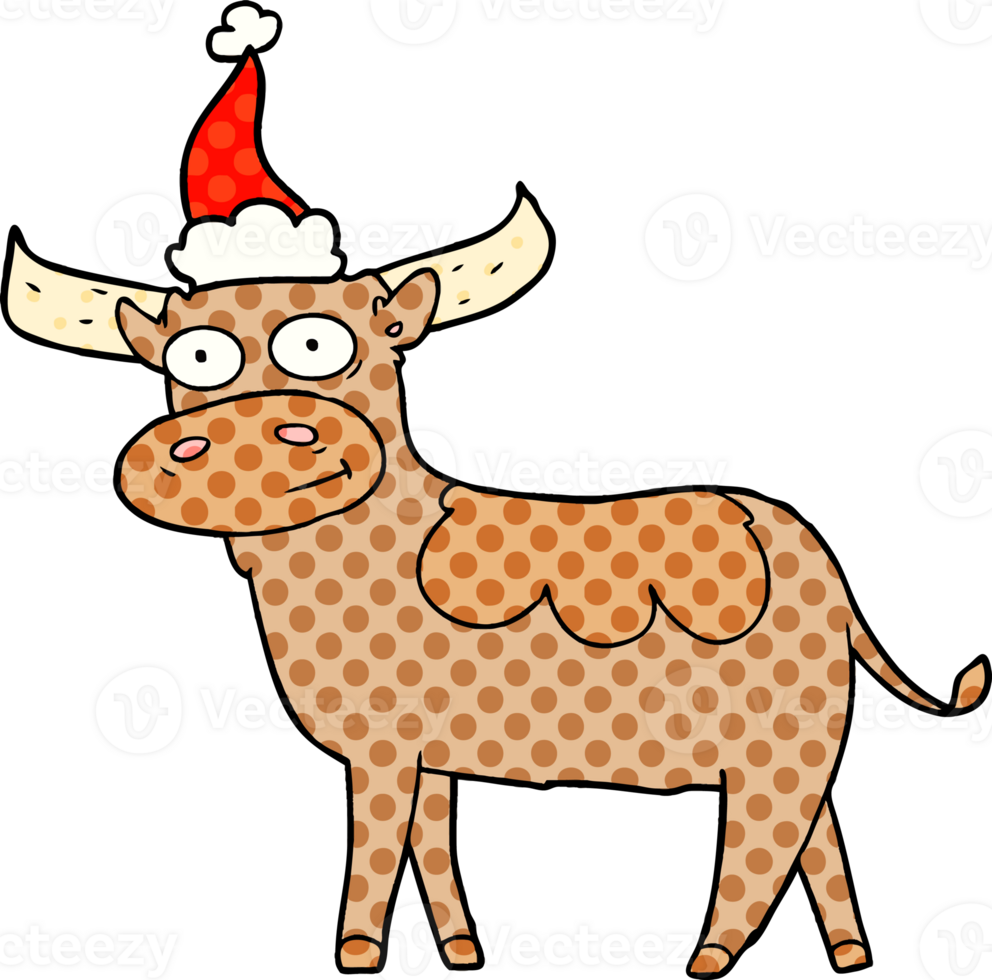 hand drawn comic book style illustration of a bull wearing santa hat png